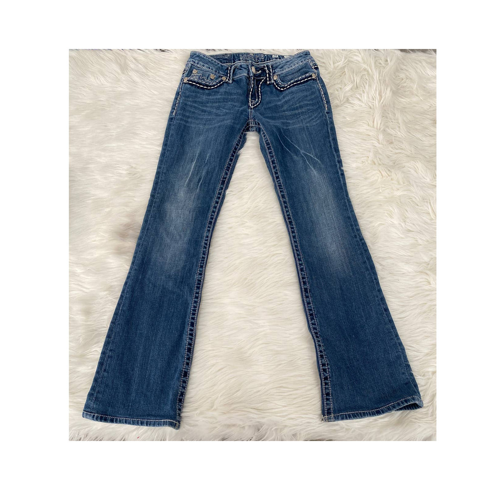 Miss Me Irene Boot Cut Jeans Sz 28 Stretch Flap Pocket Wide Stitch Embroidered